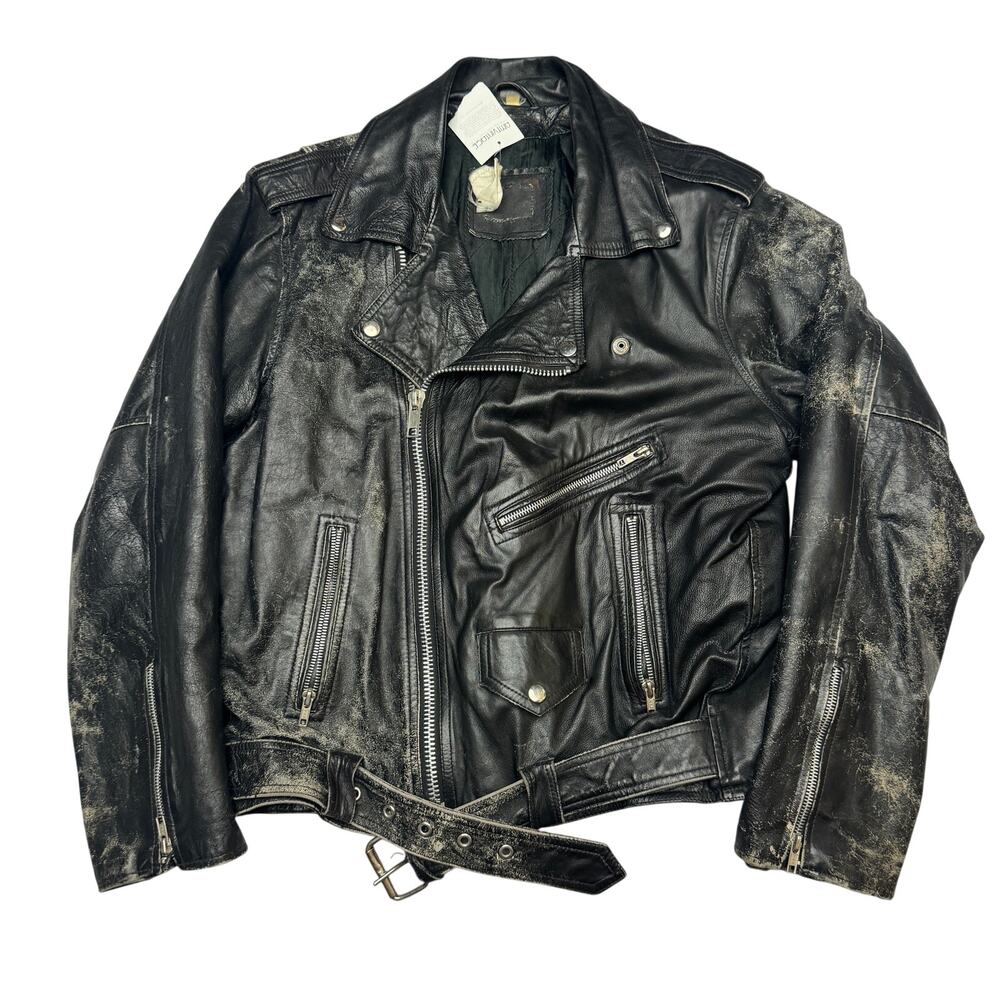 Vintage 90s Double Rider Moto Leather Jacket Mens 22x24.5 Distressed Worn